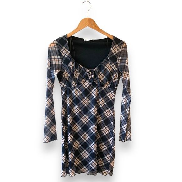 Primark Y2K Plaid Bodycon Mesh Mini Dress Empire Waist Flare Sleeves Size 4 - Picture 4 of 11